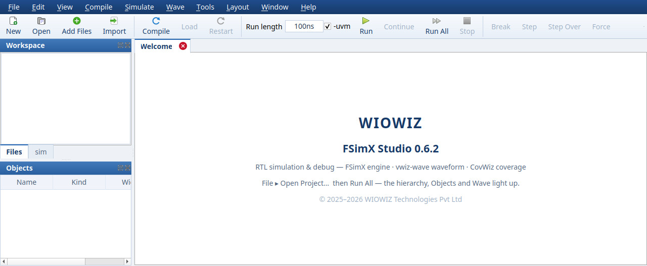 FSimX Studio interface: workspace, objects, source and transcript panes